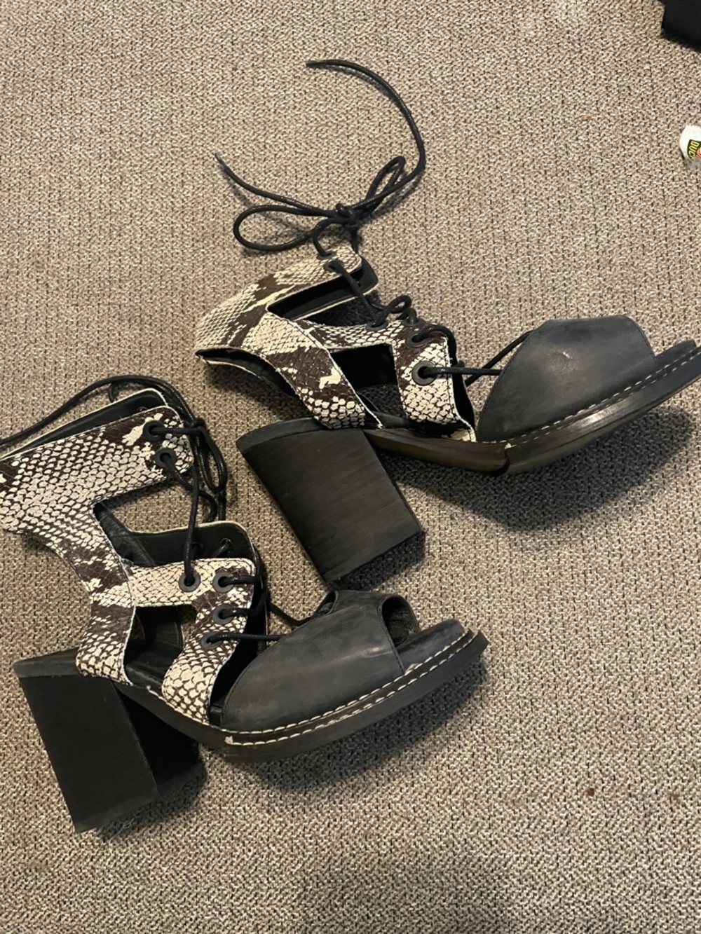 Free People Black & Snake-Print Block Heel Lace-Up Sandals
